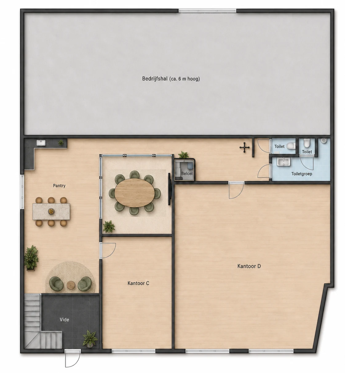 Plattegrond verdieping met ruimte C, ruimte D, pantry, belcel en vergaderruimte